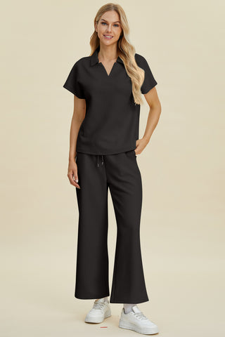 Double Take Full Size Collared Neck Short Sleeve Top and Pants Set Trendsi