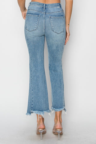 RISEN Full Size High Rise Frayed Hem Flare Jeans Trendsi