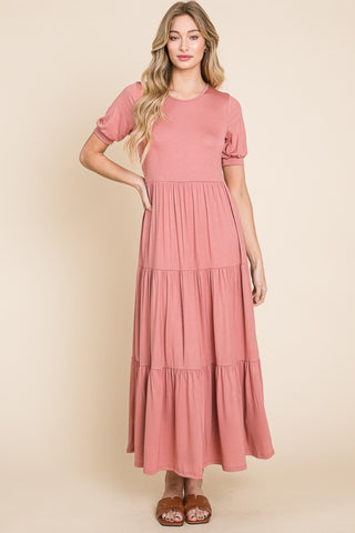 BOMBOM Short Sleeve Tiered Maxi Dress Trendsi