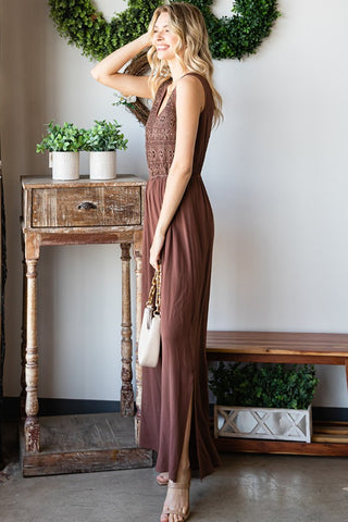 First Love Tie Back Sleeveless Slit Wide Leg Jumpsuit Trendsi