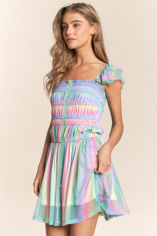 J.NNA Rainbow Smocked Mini Mesh Dress Trendsi