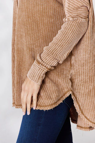 Zenana Oversized Washed Waffle Long Sleeve Top Trendsi