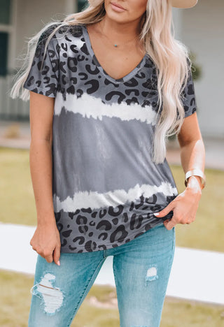 Leopard V-Neck Short Sleeve T-Shirt Trendsi