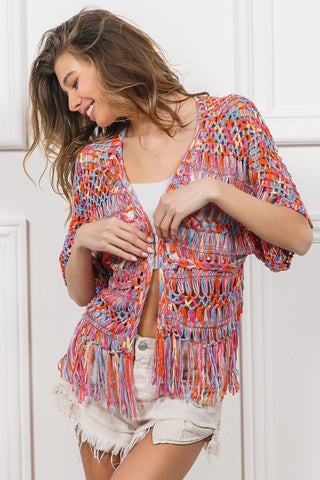 BiBi Open Front Fringed Crop Knit Cardigan Trendsi