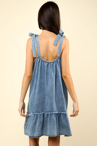 VERY J Shoulder Tie Washed Denim Mini Dress Trendsi