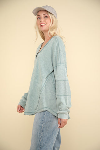 VERY J Washed V-Neck Exposed Seam Knit Top Trendsi