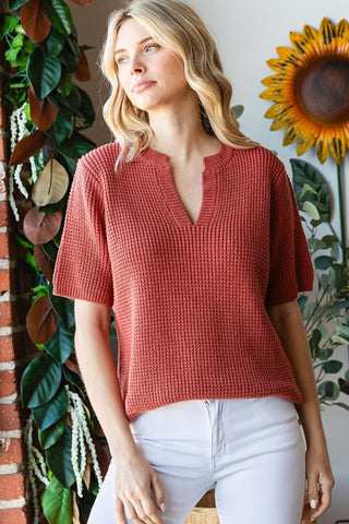 First Love Notched Short Sleeve Knit Top Trendsi