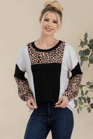 Celeste Full Size Leopard Color Block Exposed Seam T-Shirt Trendsi