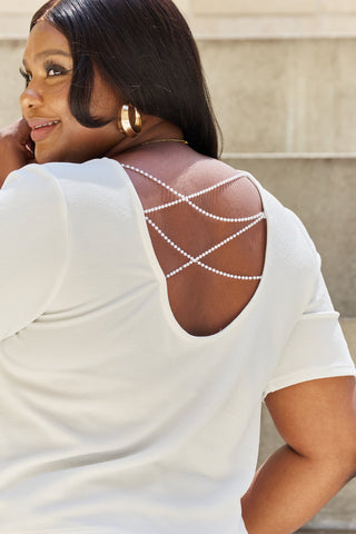 And The Why Pearly White Full Size Criss Cross Pearl Detail Open Back T-Shirt Trendsi