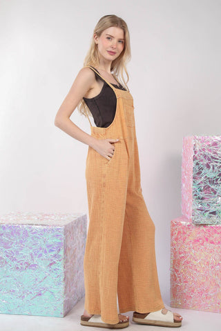 VERY J Texture Washed Wide Leg Overalls Trendsi