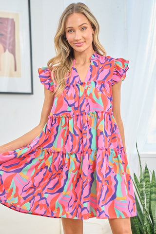 First Love Full Size Printed Ruffle Cap Sleeve Tiered Dress Trendsi