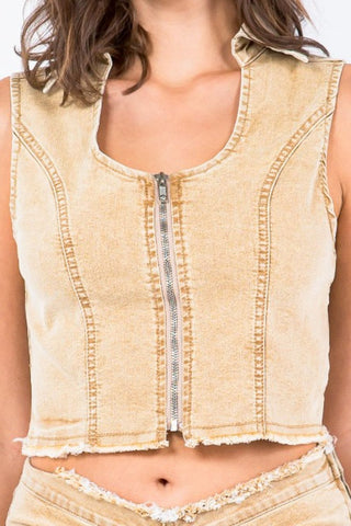 American Bazi Zip Up Washed Crop Denim Vest Trendsi