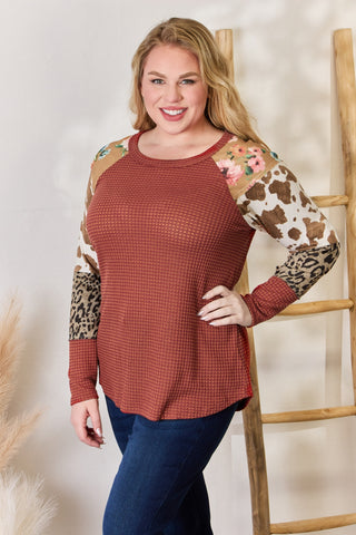 Hailey & Co Full Size Leopard Waffle-Knit Blouse Trendsi