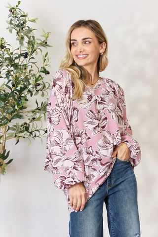 Heimish Full Size Floral V-Neck Balloon Sleeve Blouse Trendsi