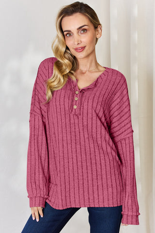 Basic Bae Full Size Ribbed Half Button Long Sleeve T-Shirt Trendsi