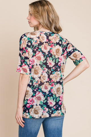 BOMBOM Floral Round Neck T-Shirt Trendsi