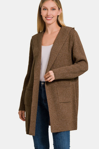 Zenana Hooded Open Front Sweater Cardigan Trendsi