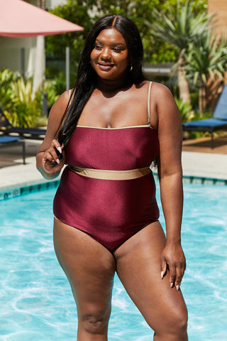 Marina West Swim Wave Break Contrast Trim One-Piece in Wine Trendsi