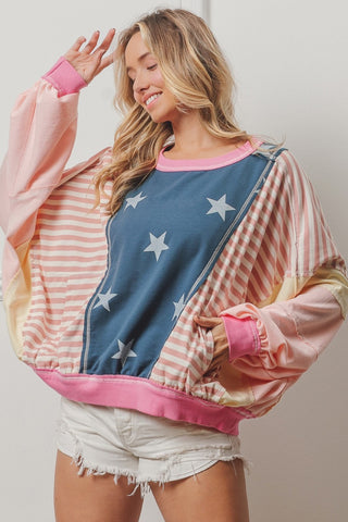 BiBi Stars and Stripes Round Neck Long Sleeve Top Trendsi