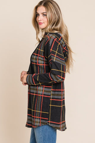 BOMBOM Drawstring Plaid Long Sleeve Hoodie Trendsi