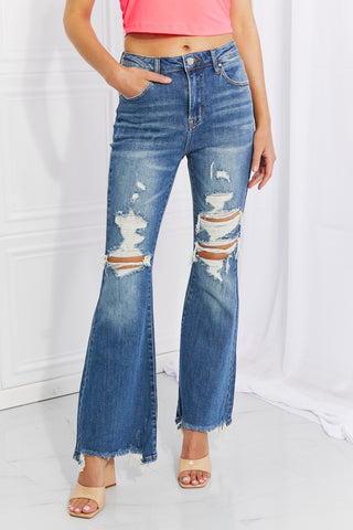 RISEN Full Size Hazel High Rise Distressed Flare Jeans Trendsi