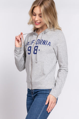 ACTIVE BASIC CALIFORNIA Zip Up Drawstring Long Sleeve Hoodie Trendsi