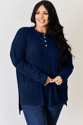 Basic Bae Full Size Ribbed Half Button Long Sleeve High-Low T-Shirt Trendsi