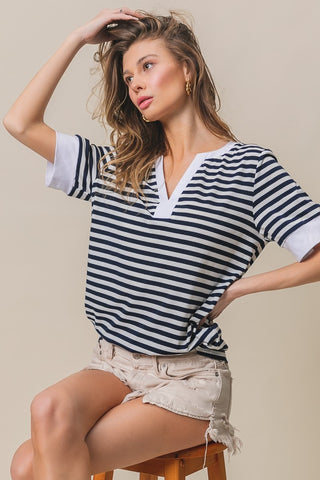 BiBi Contrast Striped Notched Knit Top Trendsi