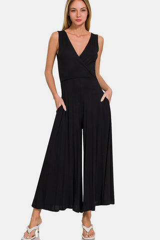 Zenana Surplice Neckline Sleeveless Jumpsuit Trendsi