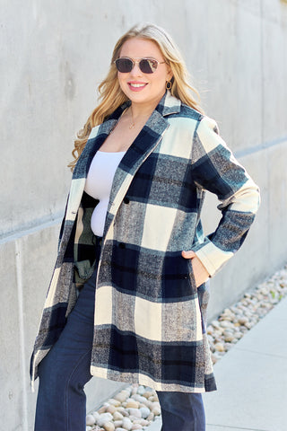 Double Take Full Size Plaid Button Up Lapel Collar Coat Trendsi