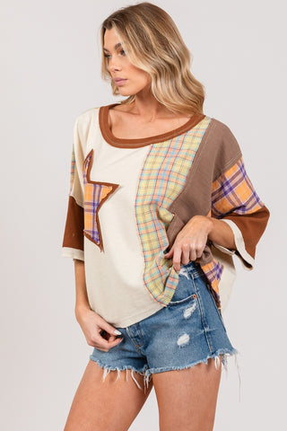 SAGE + FIG Round Neck Plaid Star Patch T-Shirt Trendsi