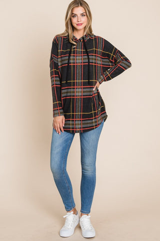 BOMBOM Drawstring Plaid Long Sleeve Hoodie Trendsi