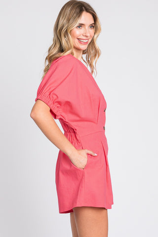 GeeGee Half Button V-Neck Linen Romper Trendsi