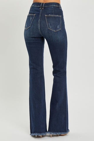 RISEN High Waist Raw Hem Flare Jeans Trendsi