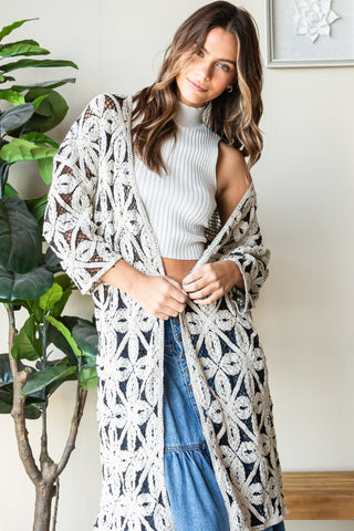 Veveret Geometric Open Front Three-Quarter Sleeve Cardigan Trendsi