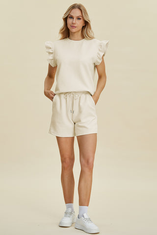 Double Take Full Size Texture Round Neck Ruffle Sleeve Top and Shorts Set Trendsi