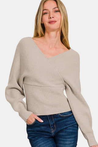 Zenana Cross Wrap Rib Long Sleeve Sweater Trendsi