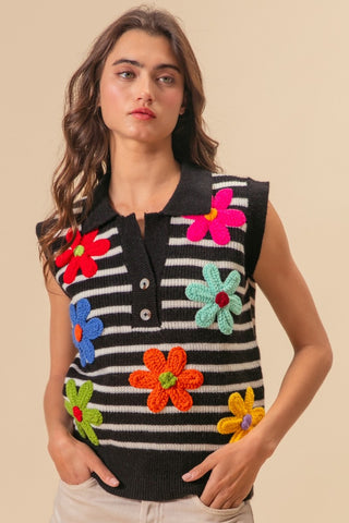 BiBi Flower Patch Striped Half Button Sweater Vest Trendsi