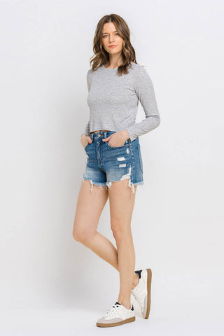 Vervet by Flying Monkey Distressed Raw Hem Denim Shorts Trendsi