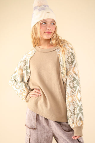 VERY J Printed Long Sleeve Round Neck Knit Top Trendsi