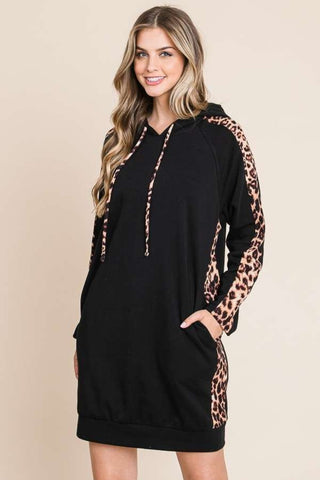 Culture Code Drawstring Leopard Long Sleeve Hooded Dress Trendsi