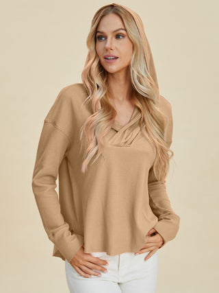 Double Take Full Size High-Low Dropped Shoulder Long Sleeve Hoodie Trendsi