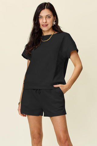 Double Take Full Size Texture Short Sleeve T-Shirt and Drawstring Shorts Set Trendsi