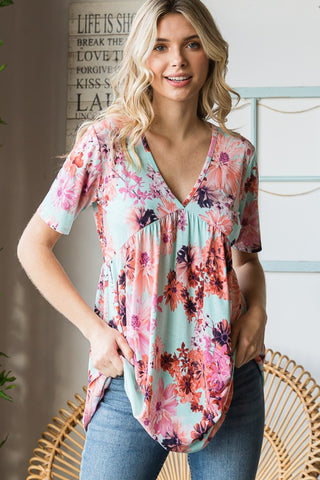 Heimish Full Size Floral V-Neck Short Sleeve Babydoll Blouse Trendsi