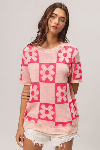 BiBi Flower Checker Pattern Short Sleeve Sweater Trendsi