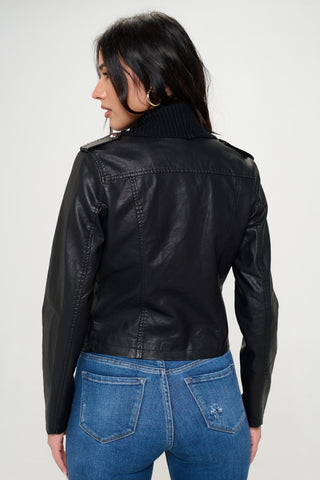 Coalition LA Knit Collared Faux Leather Crop Jacket Trendsi