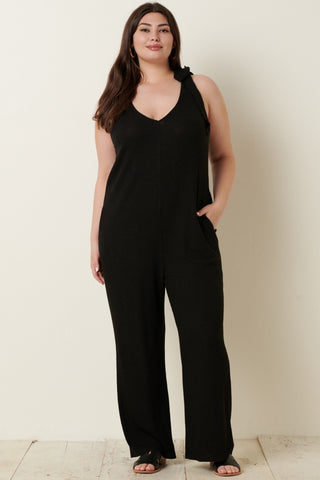 Mittoshop Rib Knit V-Neck Cross Back Jumpsuit Trendsi