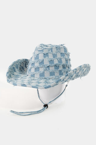 Fame Checkered Fringe Denim Cowboy Hat Trendsi