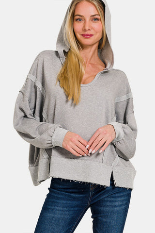 Zenana Contrast Trim Slit Hoodie Trendsi