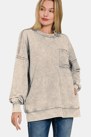 Zenana Exposed Seam Round Neck Dropped Shoulder Sweatshirt Trendsi